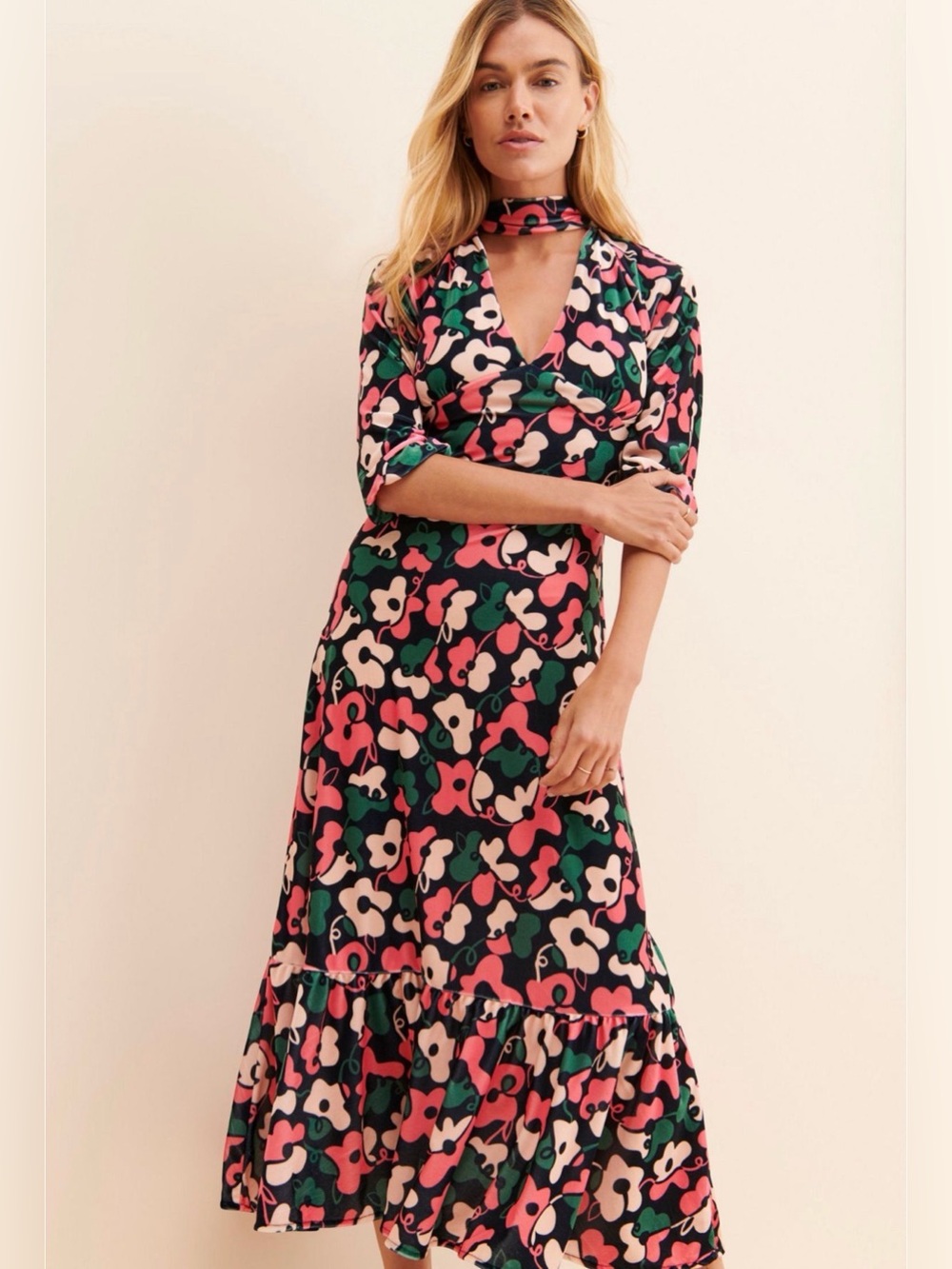 Anthropologie  Dazey LA Velvet Pink & Green Floral Midi Dress with Choker Neck